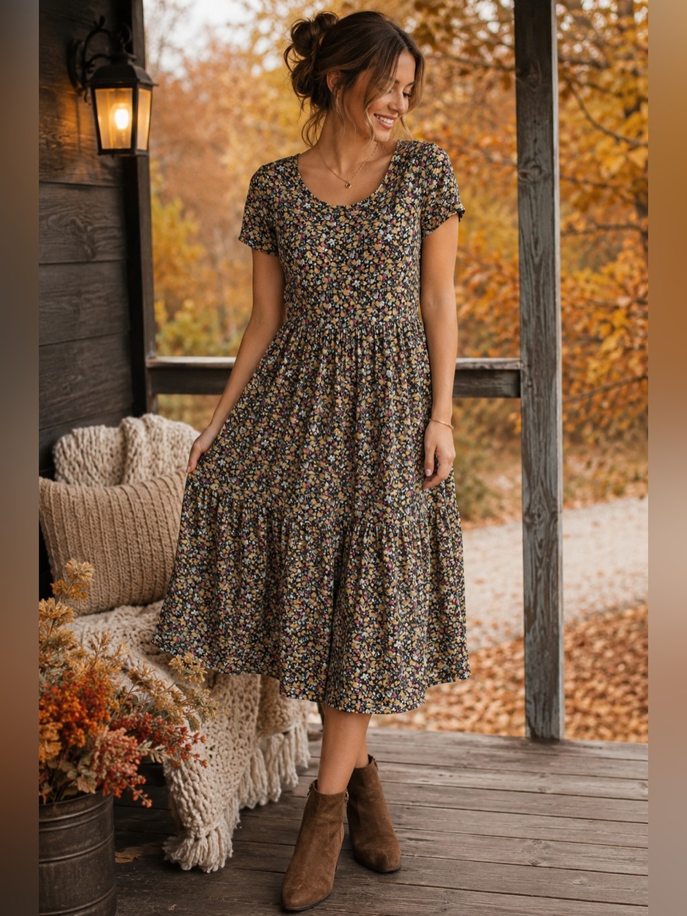 Floral Midi Dress Scoop neck Cottagecore Boho Fall Dress